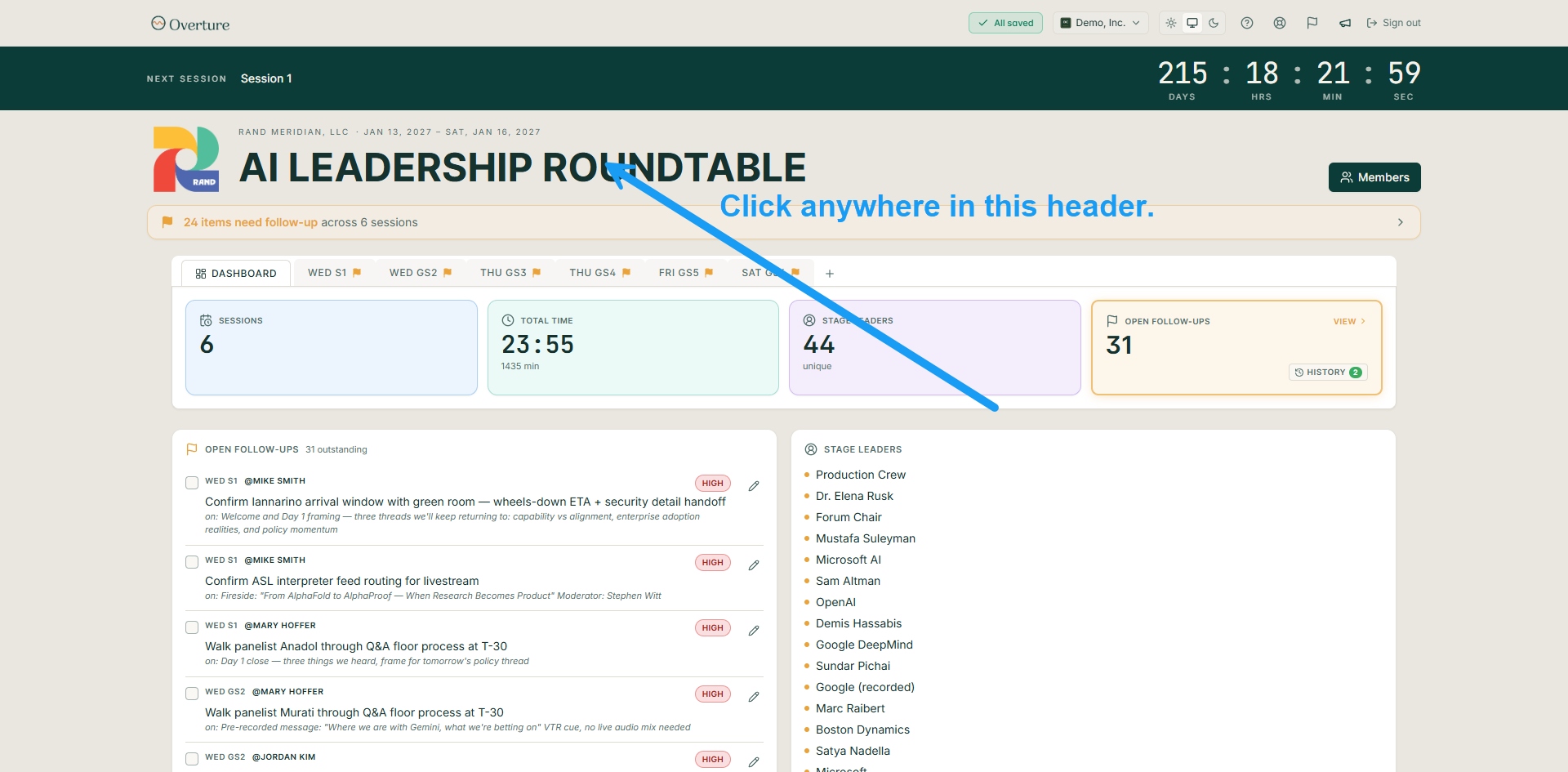 Event dashboard with the AI Leadership Roundtable title at the top. A blue arrow points at the title with the caption Click anywhere in this header.