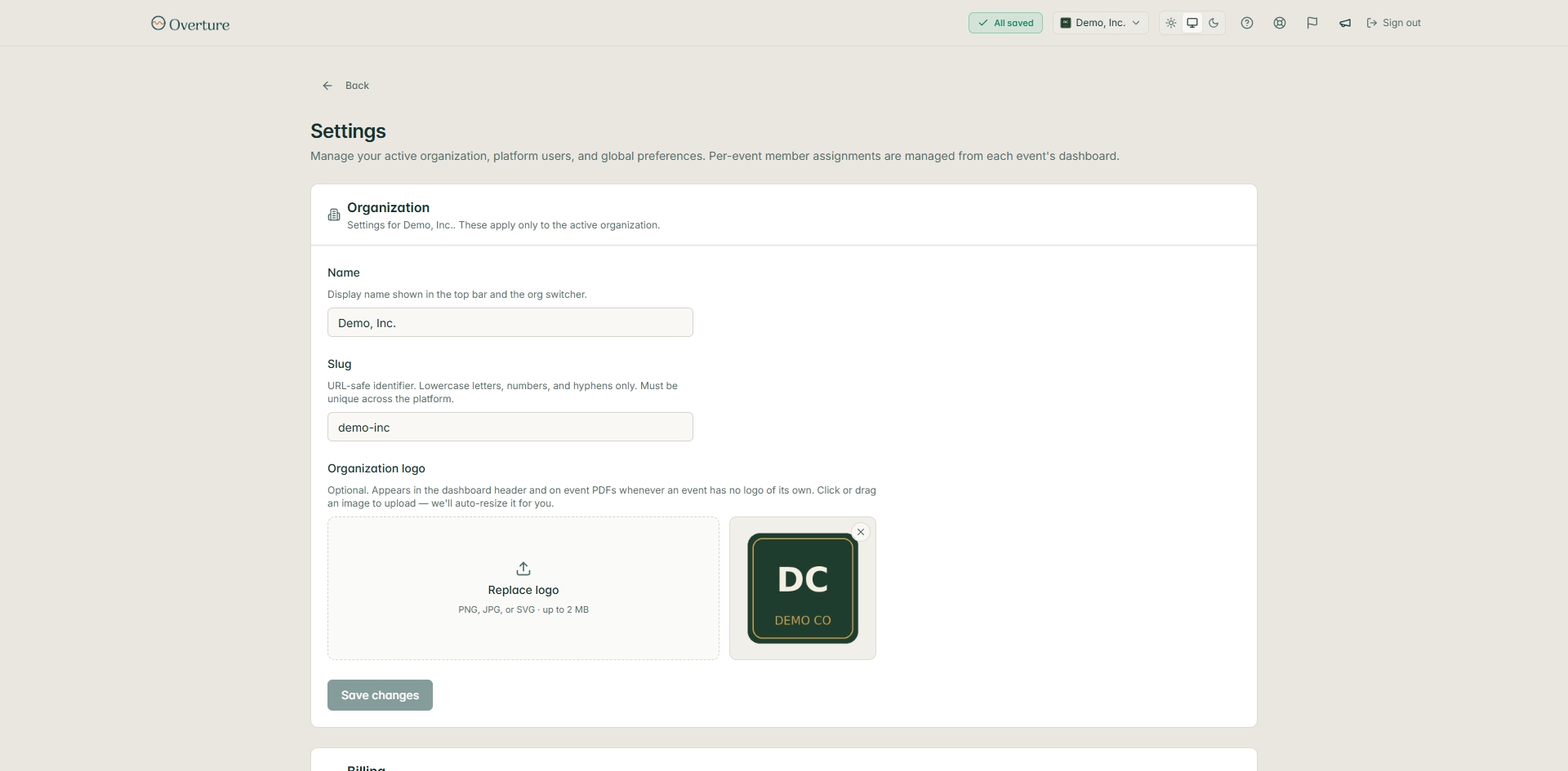 Settings page with the Organization card. Fields for Name (Demo, Inc.) and Slug (demo-inc), then Organization logo with a dashed Replace logo dropzone on the left and a square preview showing the current Demo Co logo on the right. A Save changes button sits below.