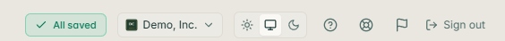 The Overture top toolbar, showing All saved pill, Demo Inc organization chip, three theme buttons, Help, Support, Follow-ups flag, and Sign out.